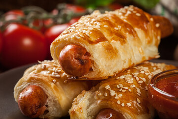 Rolled hot dog sausages baked in puff pastry
