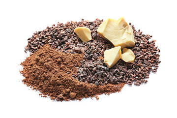 Cocoa nibs, butter and powder on white background