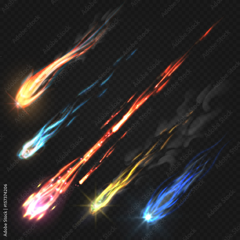 Poster sky comets and meteorite, rocket trails isolated on dark transparent background