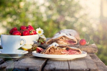 Strudel with apples and strawberries.