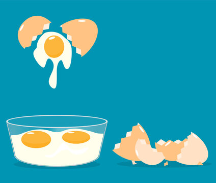 break eggs eggshells cracked egg glass bowls flat vector