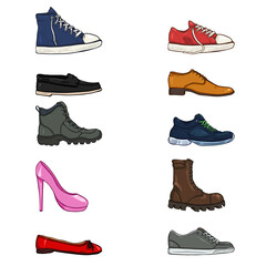 Vector Set of Cartoon Color Shoes Items.
