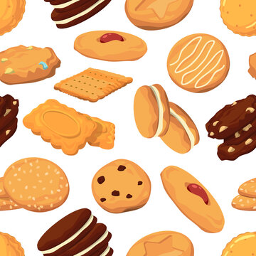 Different cookies in cartoon style. Vector seamless pattern