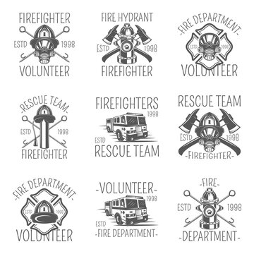 Set of firefighter in monochrome style logos, emblems, labels and badges.