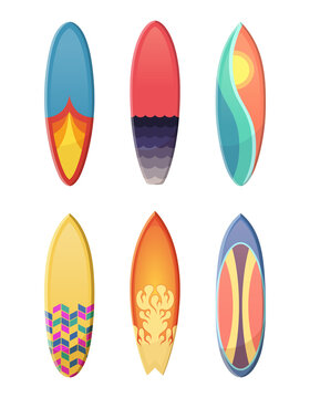Surfboards set of different retro colors. Vector sport illustration isolate on white background
