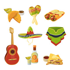 Traditional mexican cuisine food and other different national elements. Vector illustrations in cartoon style