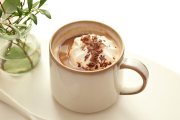 Cup of tasty cocoa drink with marshmallow on table