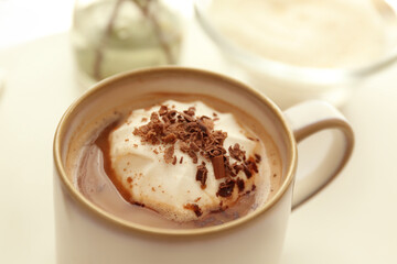 Cup of tasty cocoa drink with marshmallow on table, closeup