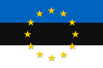 Estonia national flag with a circle of European Union twelve gold stars, solidarity and harmony with EU, member since 1 May 2004. Vector flat style illustration