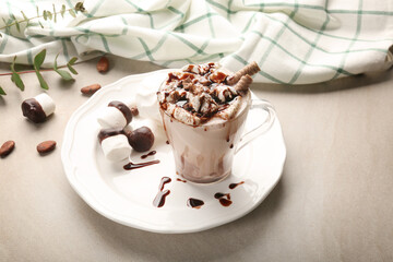 Composition with tasty cocoa drink on table