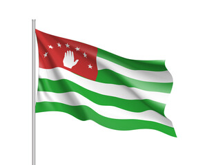 Waving flag of Republic of Abkhazia. Patriotic national sign, horizontal stripes in green and white, open hand on a red field, adopted in 1992. Flag on flagpole. Vector icon illustration