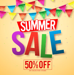 Summer sale vector banner design with colorful sale text and streamers hanging for seasonal discount promotion. Vector illustration.
