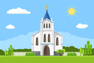 Church icon. Flat summer landscape. - 157378640