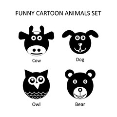 Funny cartoon style animals icons set. Vector