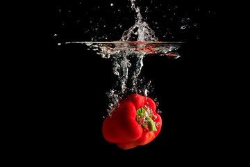 Red pepper splashing water on black background