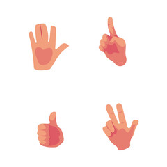 Set of hands showing high five, thumb up, pointing, victory sign, cartoon vector illustration isolated on white background. Cartoon hand showing high five, thumb up, victory sign, pointing up