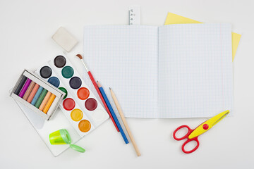 School supplies on white background. Place for text.