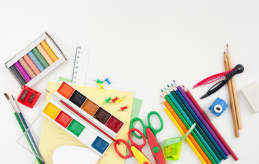 School supplies on white background. Place for text.