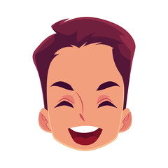 Young man face, laughing facial expression, cartoon vector illustrations isolated on white background. Handsome boy emoji laughing out load with closed eyes and open mouth. Laughing face expression