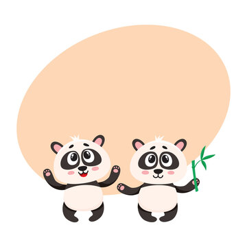 Two cute, funny happy baby panda characters standing, looking up, cartoon vector illustration with space for text. Couple of cute little panda bear characters, mascots with paws raised up