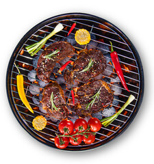 Barbecue grill with beef steaks, close-up. © Lukas Gojda