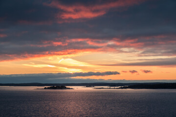 Scenic landscape with sunset and sea at evening in Gulf Of Finland