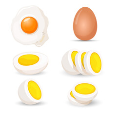 Boiled eggs whole and half, fresh and fried realistic vector