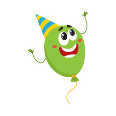 Cute and funny green balloon character with smiling human face in birthday party hat, cartoon vector illustration isolated on white background. Birthday party balloon character, mascot