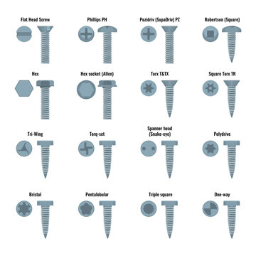 Screw and bolt heads set with text names vector illustration.
