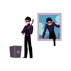 Thief, burglar climbing into house window, going to force open safe box, cartoon vector illustration isolated on white background. Burglar, robber breaking in house window, force opening safe box