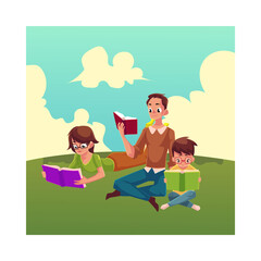 Man, woman, boy reading books sitting and lying on the grass, cartoon vector illustration isolated on white background. Man, woman and boy, father, mother and son reading books