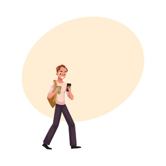 Man using smartphone, mobile phone on the go, walking with backpack and coffee cup, cartoon vector illustration with space for text. Full length portrait of man using mobile phone on the go
