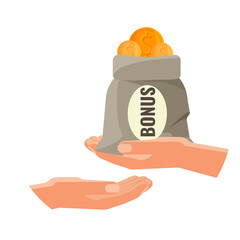 Giving money in bag with bonus text concept. One person donate money