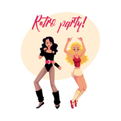 Retro disco party banner, invitation with two girls in 1980s style aerobic outfit, cartoon vector illustration. 80s style retro disco party invitation banner, poster layout with two aerobics girl