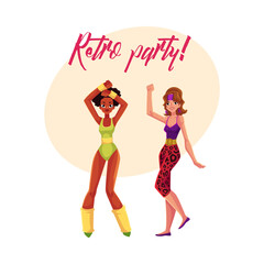 Retro disco party banner, invitation with two girls in 1980s style aerobic outfit, cartoon vector illustration. 80s style retro disco party invitation banner, poster layout with two aerobics girl