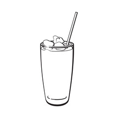 Tall glass full of freshly squeezed cold juice with ice and straw, black and white sketch style vector illustration on white background. Hand drawn glass of grapefruit juice with ice