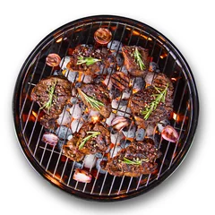 Gardinen Barbecue grill with beef steaks, close-up. © Lukas Gojda