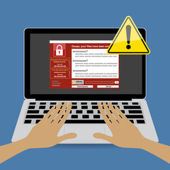 Human hands on computer laptop with Exclamation mark and wannacry malware ransomware. Vector illustration cybercrime and cyber security concept.