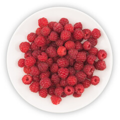 Plate with fresh raspberries on white background.