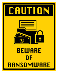 Design logo sticker with folder locked and massage beware of ransomware malware wannacry virus encrypted files. Vector illustration cybercrime and cyber security concept.