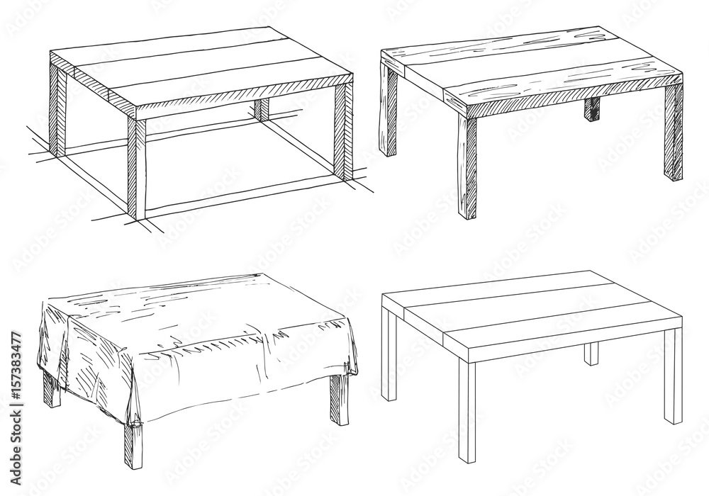 Poster sketch set isolated furniture. different tables. linear black tables on a white background. vector i