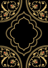 Greeting background with Arabic pattern Islamic holidays of Ramadan, Eid al-Fitr, Eid al-Adha and other. Vector illustration. Black and Golden color.