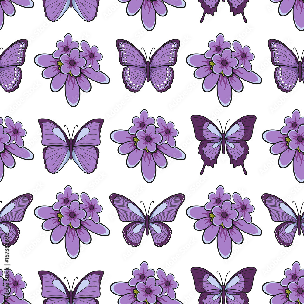 Poster seamless pattern with lavender flowers and butterflies. isolated vector objects on white background.