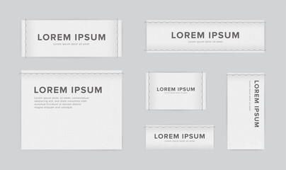 Set of different textile tags. Collection of narrow, wide, large, small, vertical, horizontal labels for clothes. Vector white sticker with place for text.