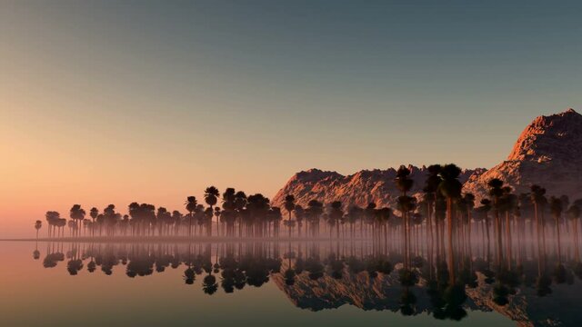 Tropical jungle background with palm tree silhouettes on island at sunset