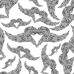 Pattern for seamless background with hearts and wings.