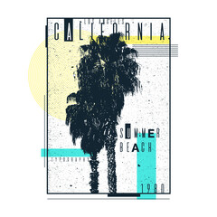 A poster on a t-shirt with palm trees of California. Old typography.