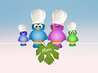 Obraz premium birds family cooks with menu