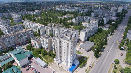 Aerial shot of Kherson with impressive multiline street in a sunny day in summer