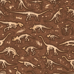 Set, silhouettes, dino skeletons, dinosaurs, fossils. Hand drawn vector illustration. Seamless pattern, realistic Sketch collection of bones: diplodocus, triceratops, tyrannosaurus, doodle pattern.